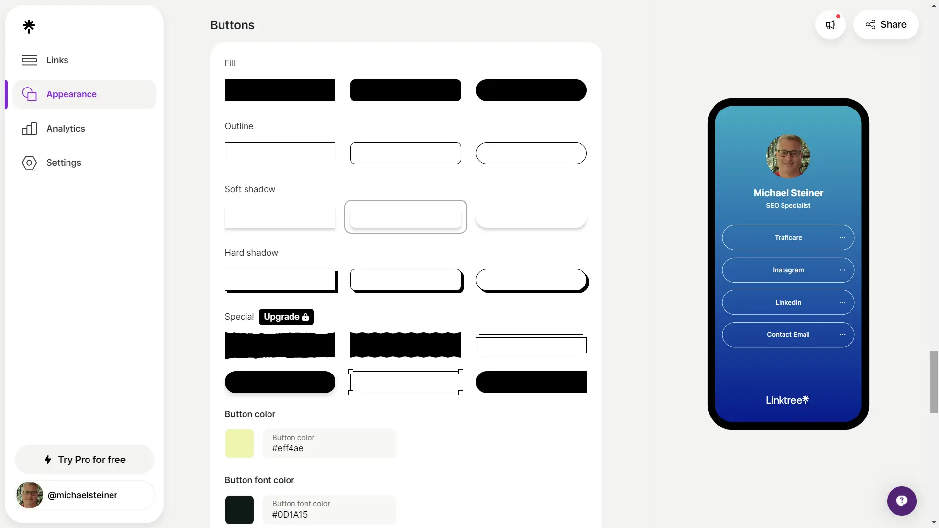 Linktree's button customization options