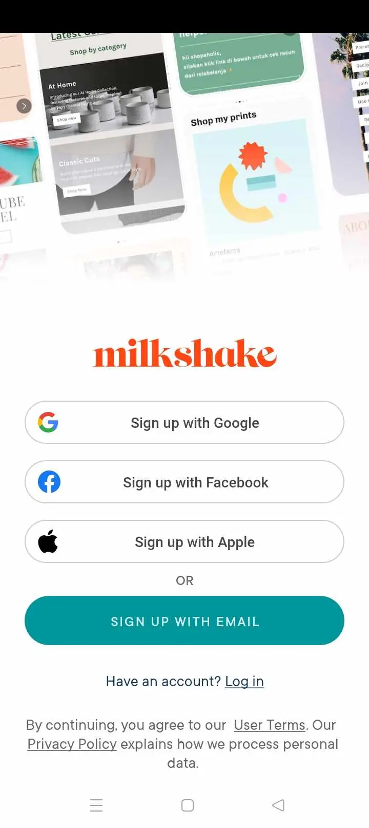 Milkshake app welcome screen