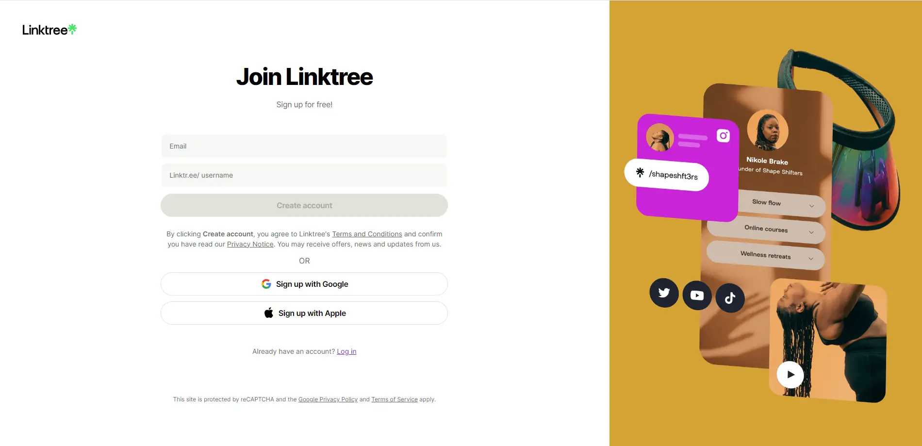 Linktree registration page