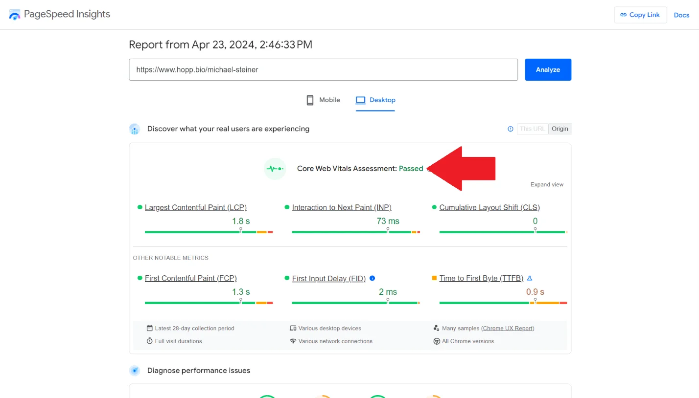 Hopp link in bio page test results from PageSpeed Insights