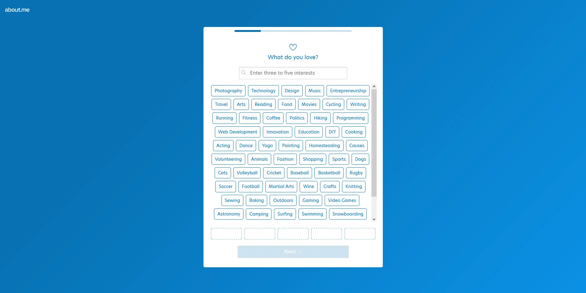 Entering 3 to 5 interests on about.me