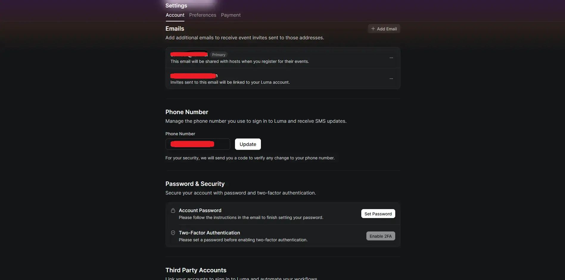 Middle section of Luma's account settings page