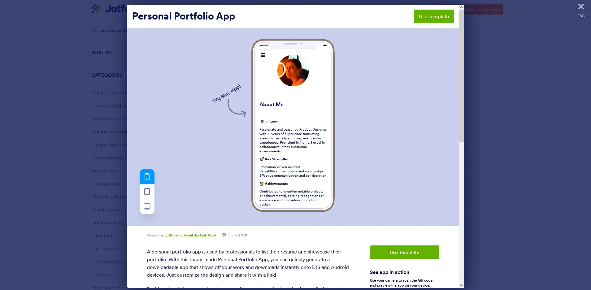 JotForm's Personal Portfolio App template