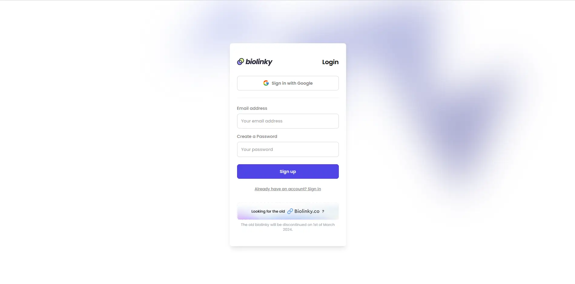 Biolinky's registration page