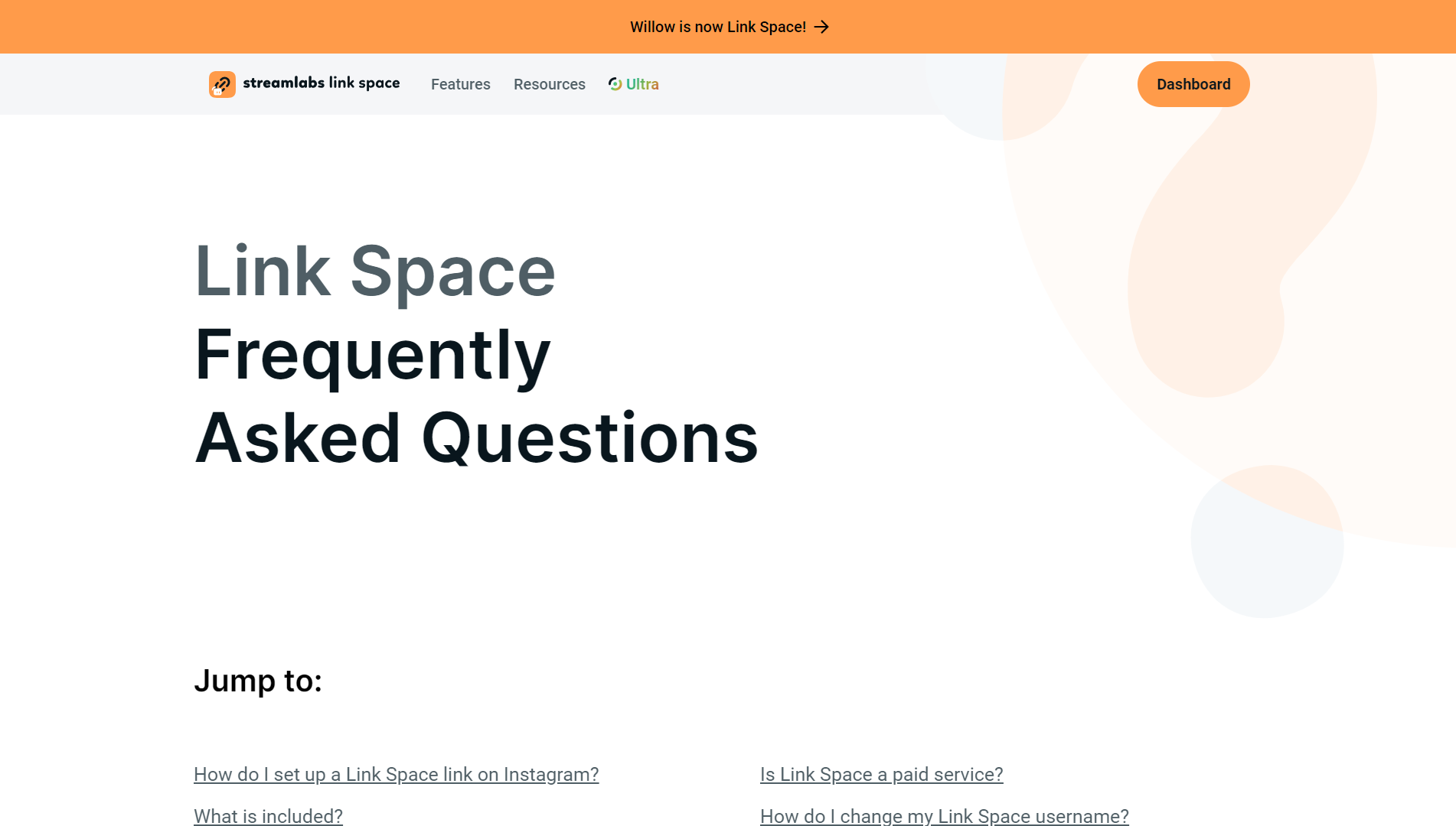 Streamlabs Link Space FAQ page