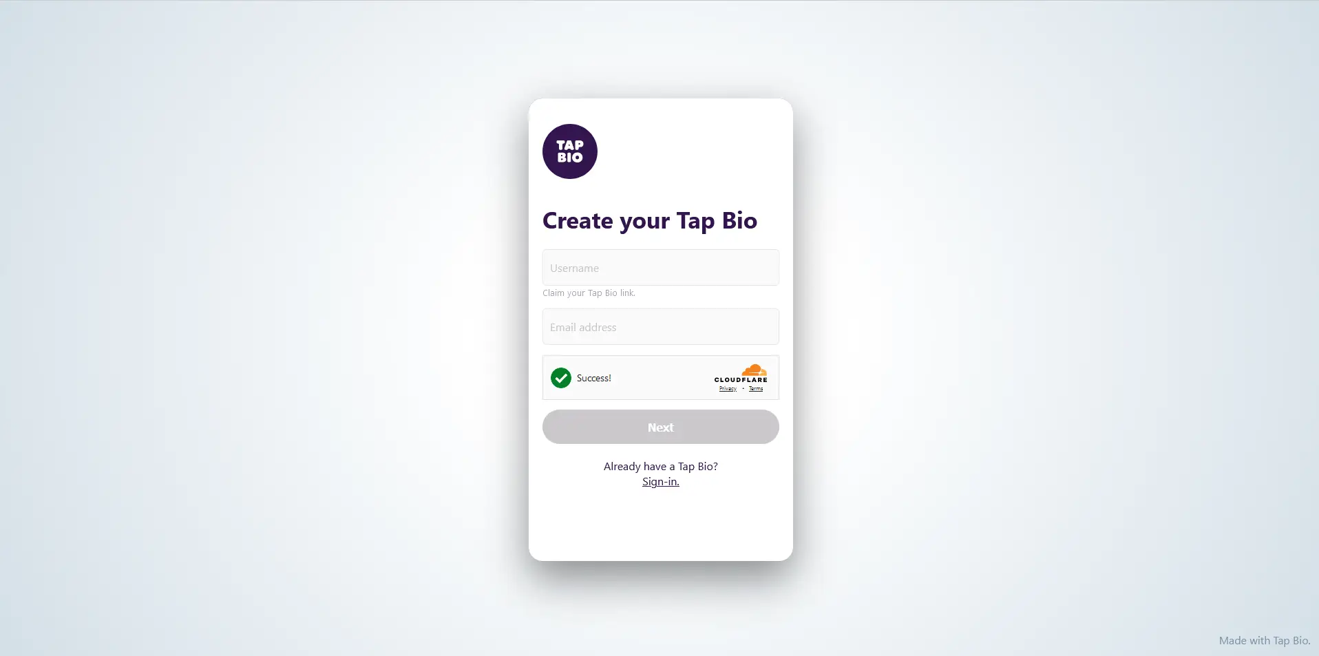 Tap.bio's registration page