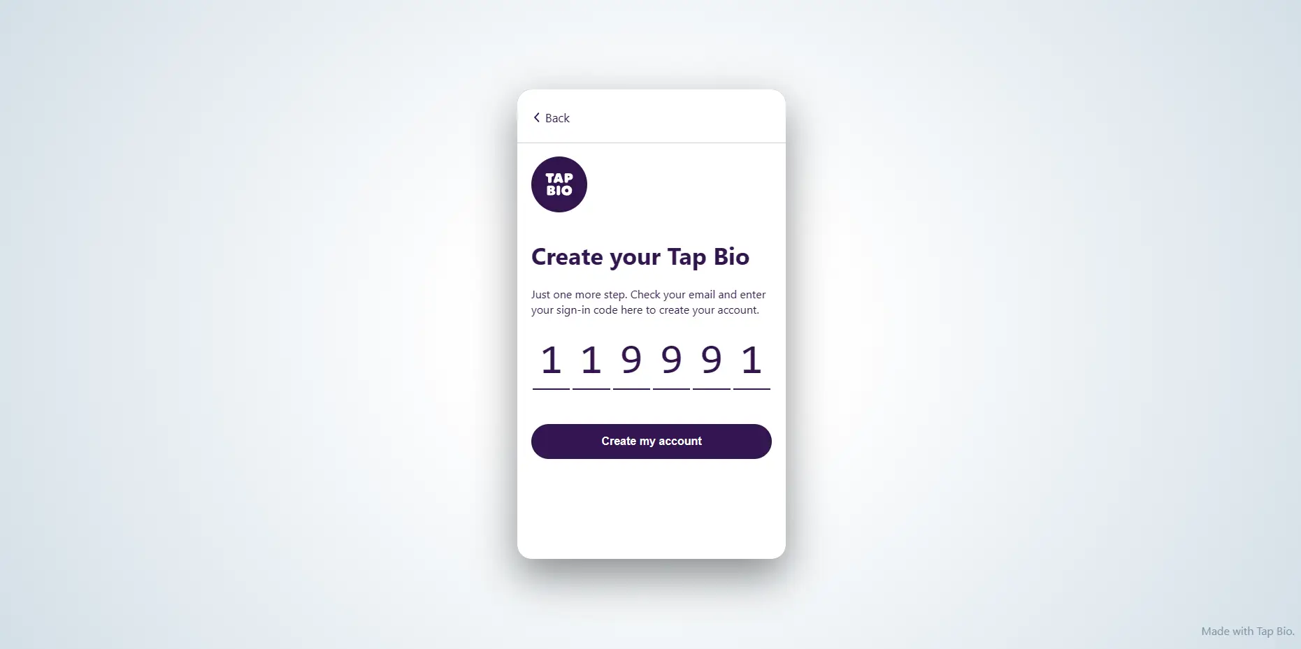 Entering the code to create a Tap Bio account