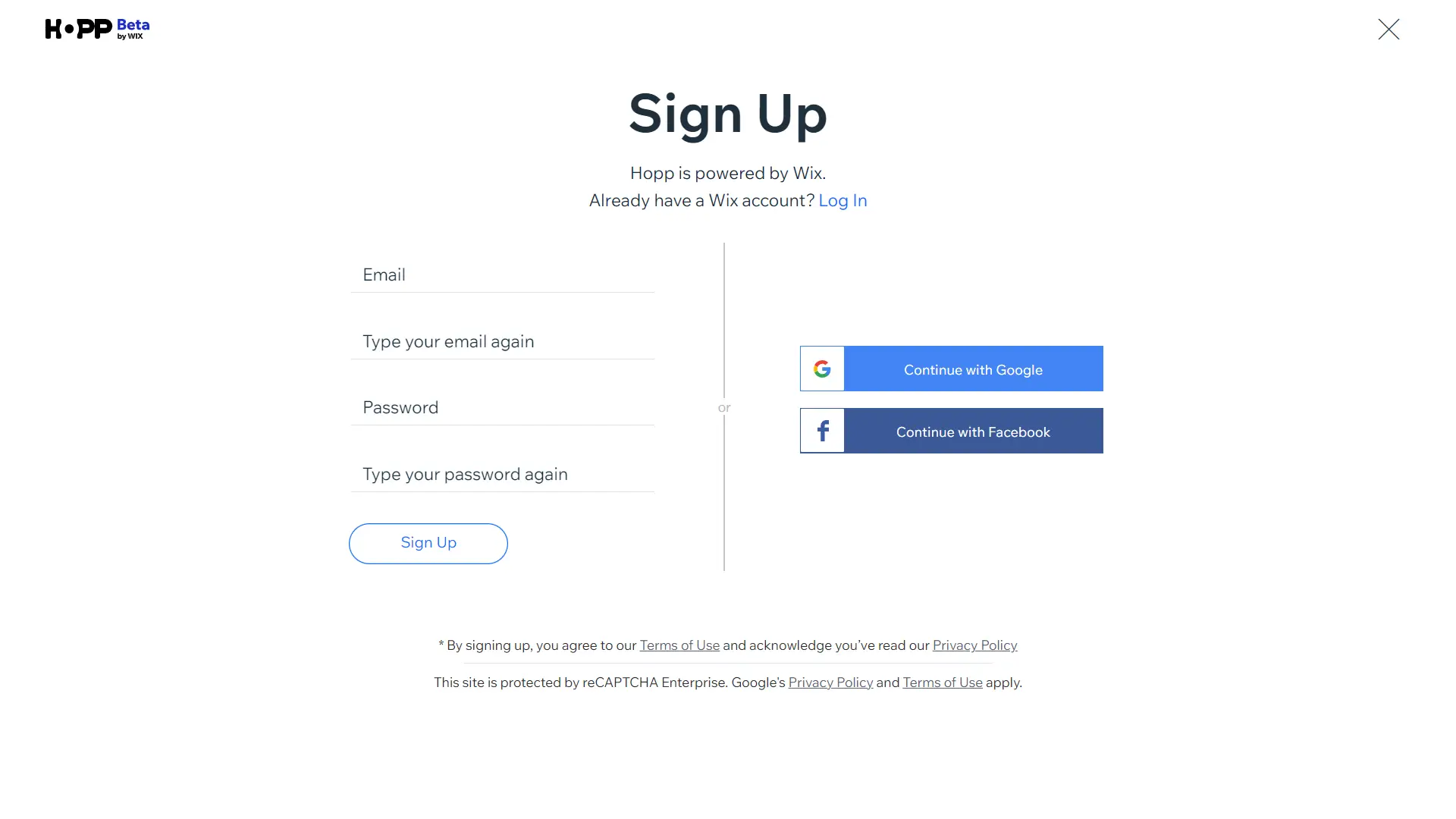 Hopp registration page