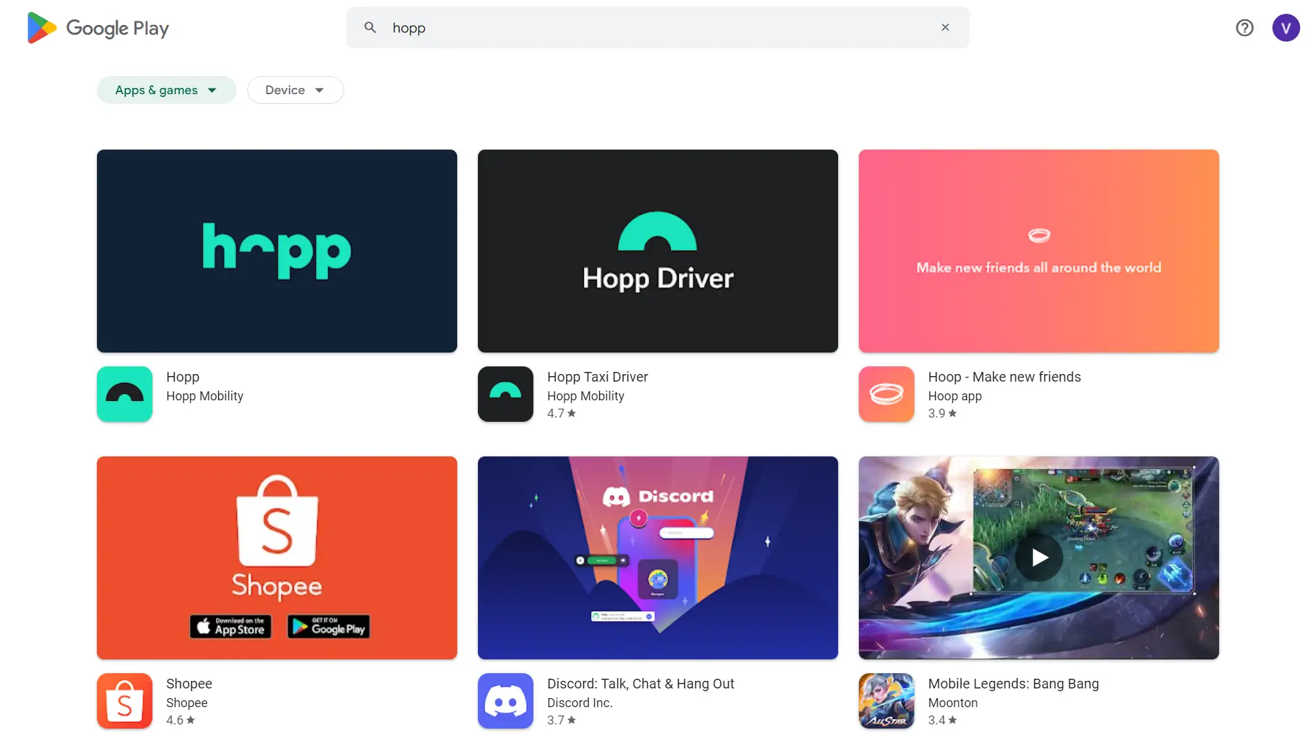 Search results for "Hopp" on Play Store