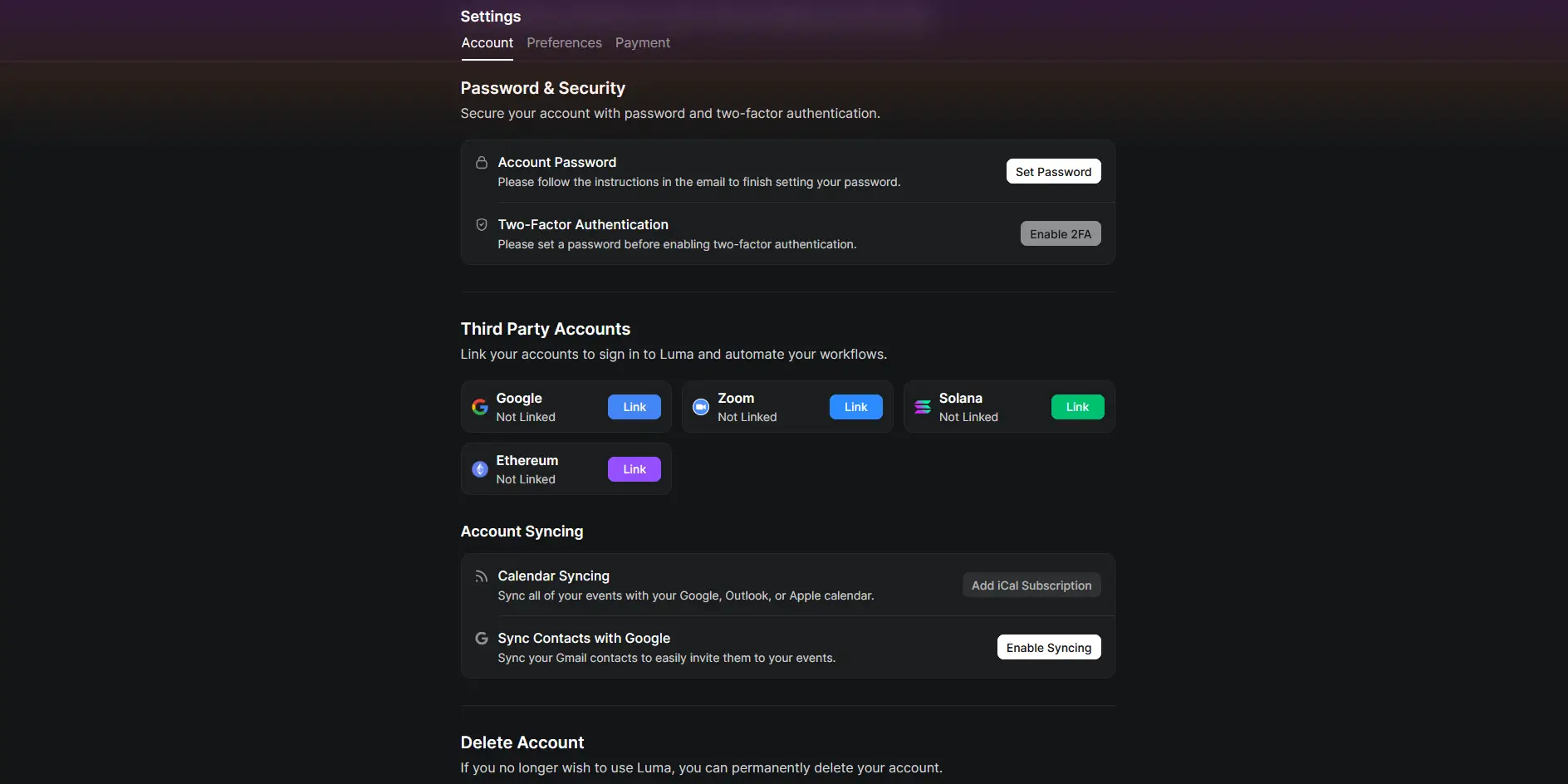 Bottom part of Luma's account settings page