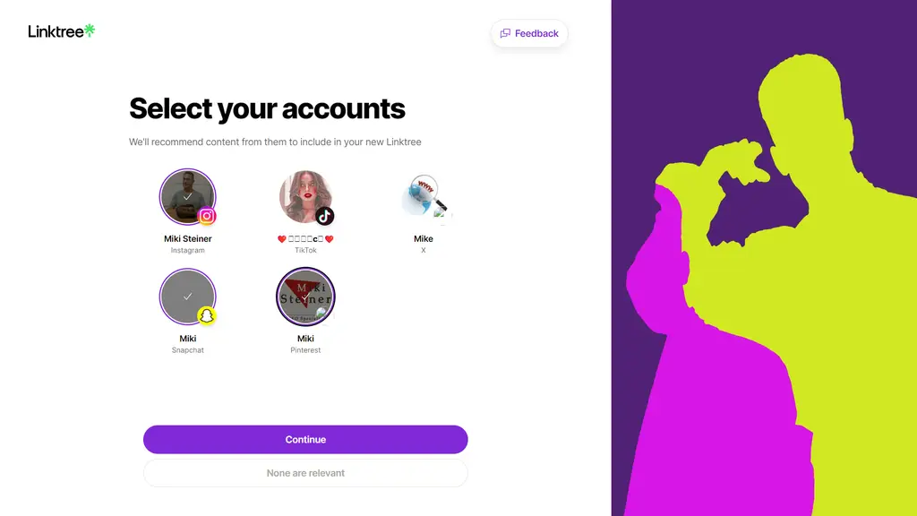 Selecting relevant social accounts to include on my Linktree profile 