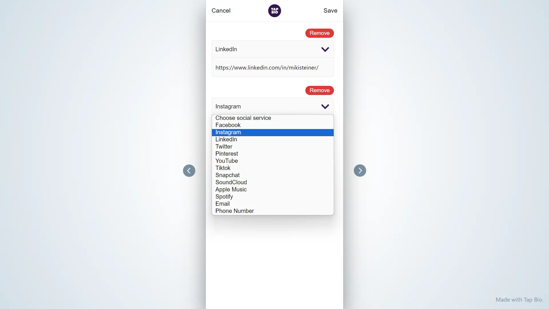 Managing my Tap Bio social links