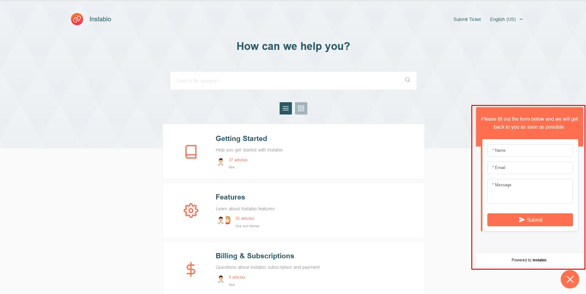 Instabio's help page and contact form