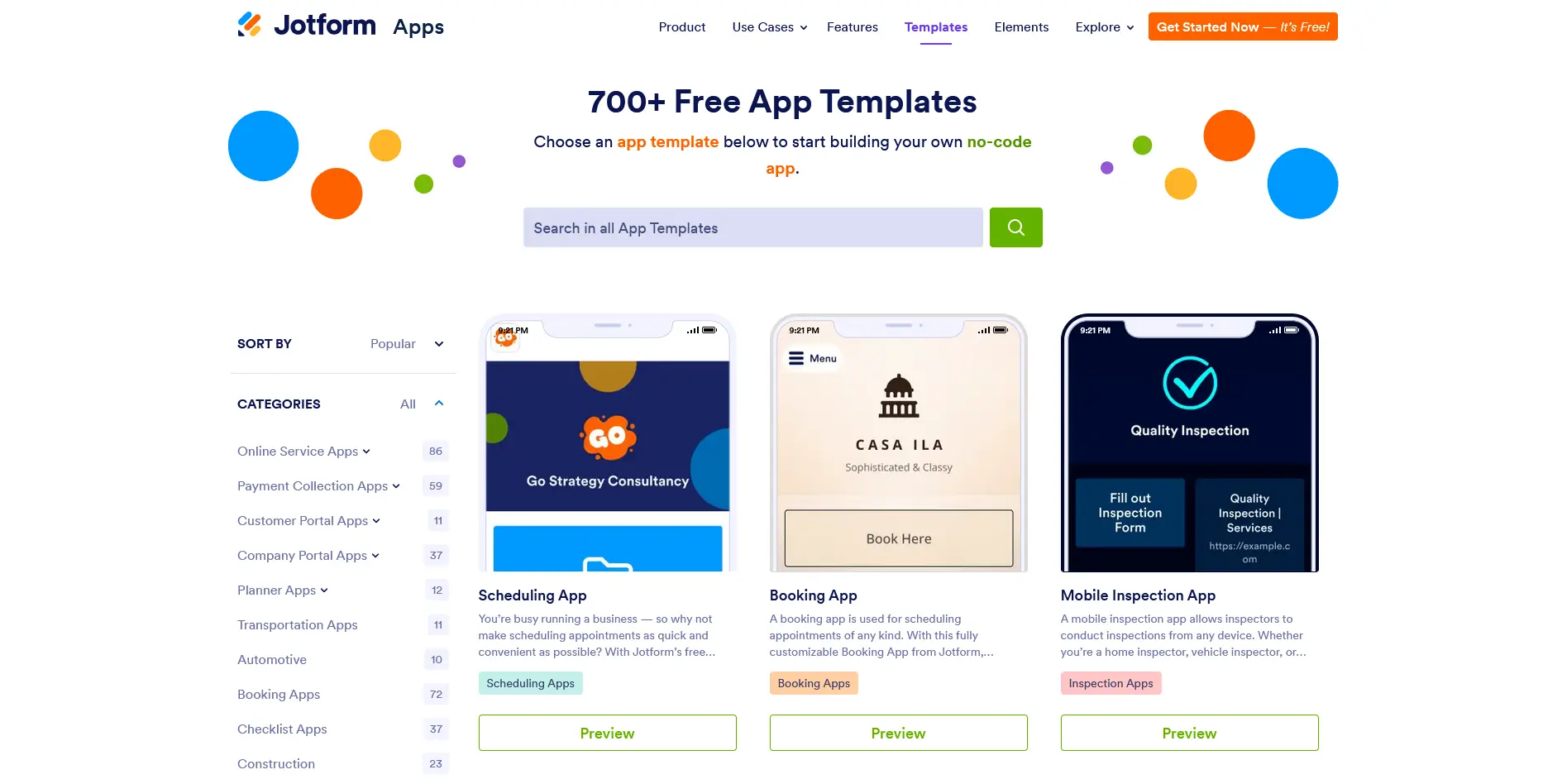 JotForm's app templates page