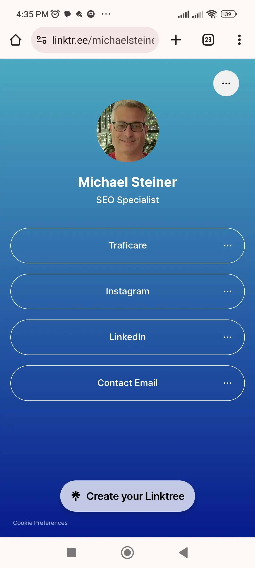 My Linktree profile on mobile