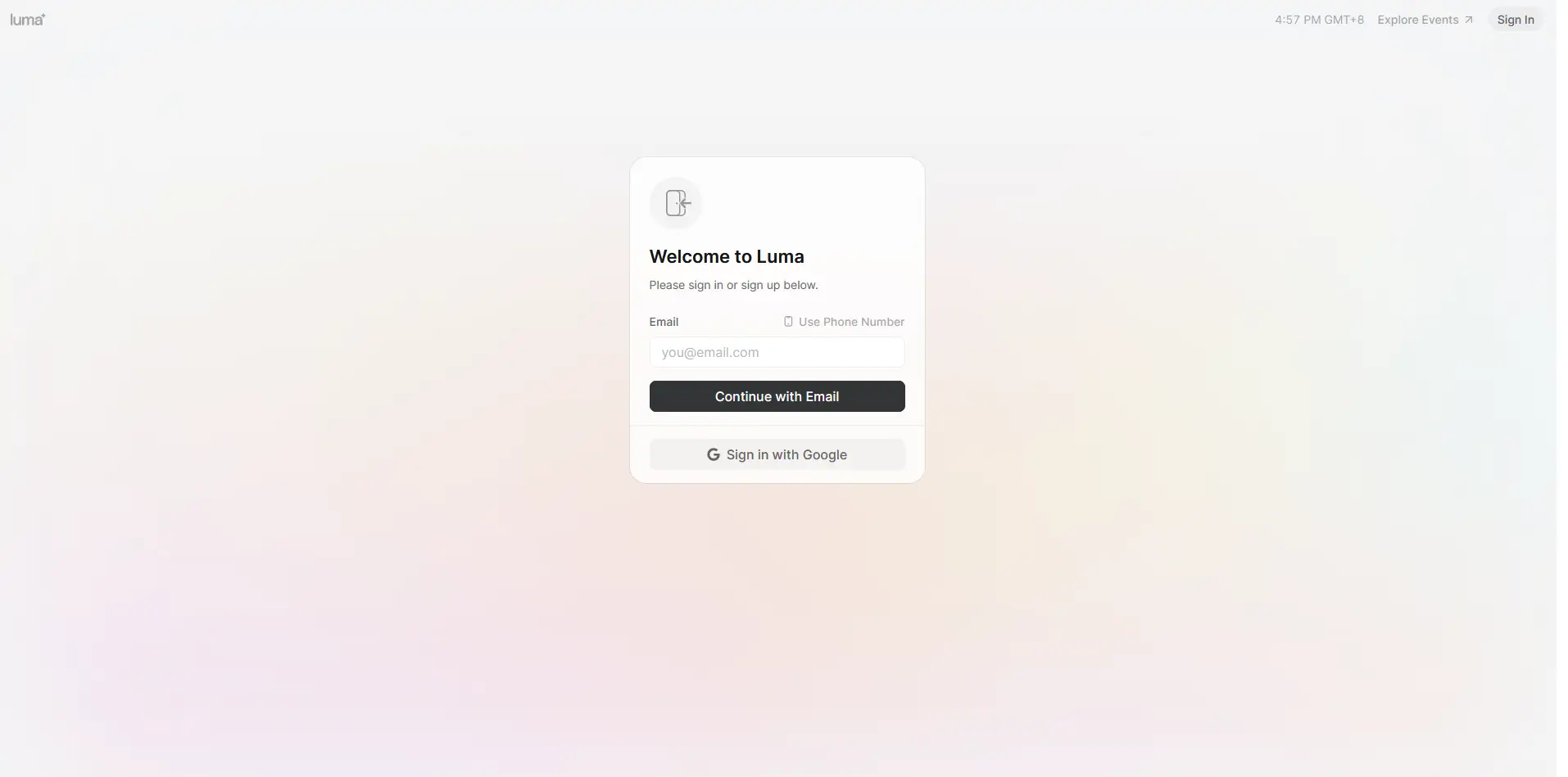 Luma's registration page