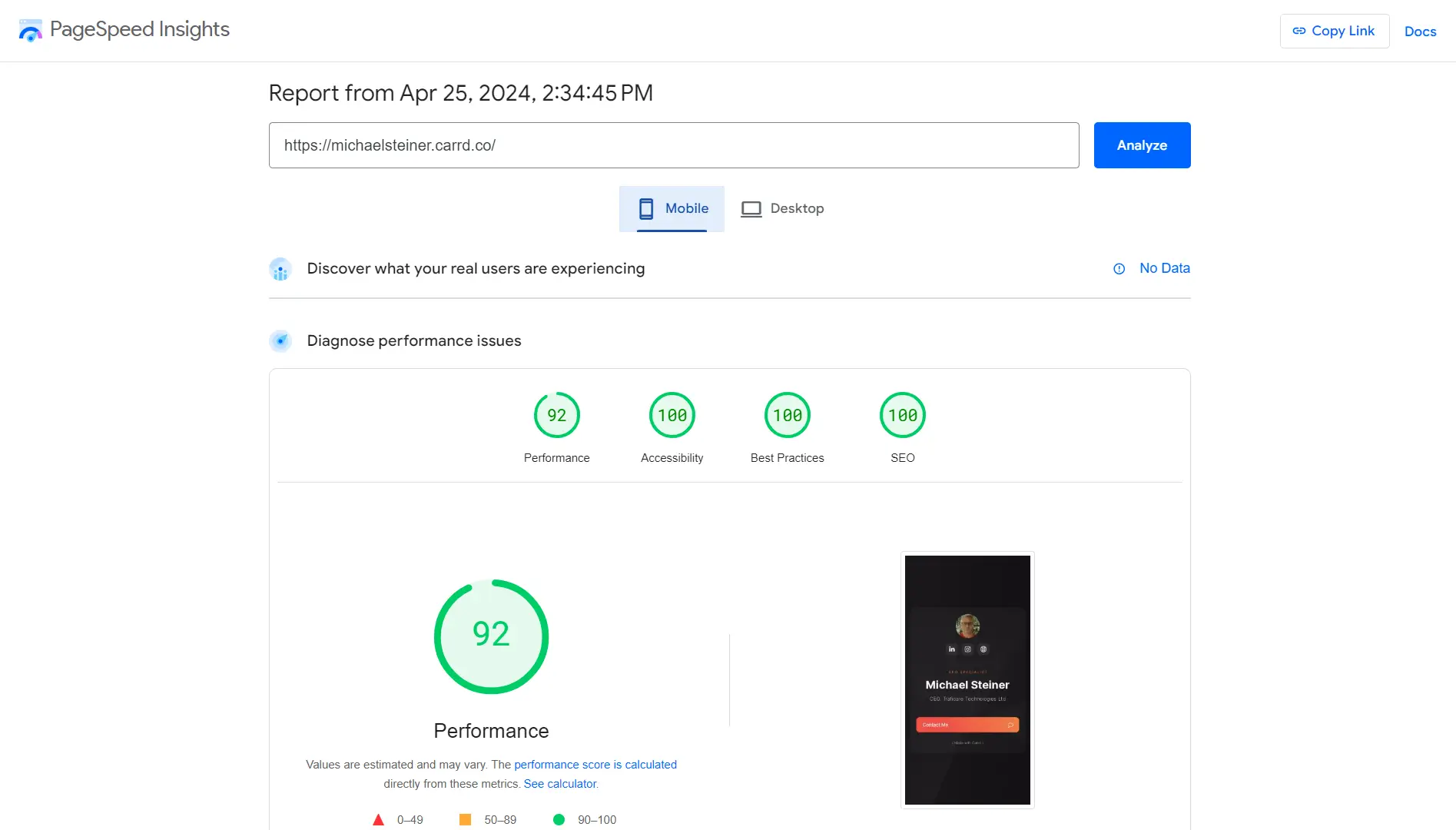 Carrd link in bio page test results from PageSpeed Insights (for mobile)