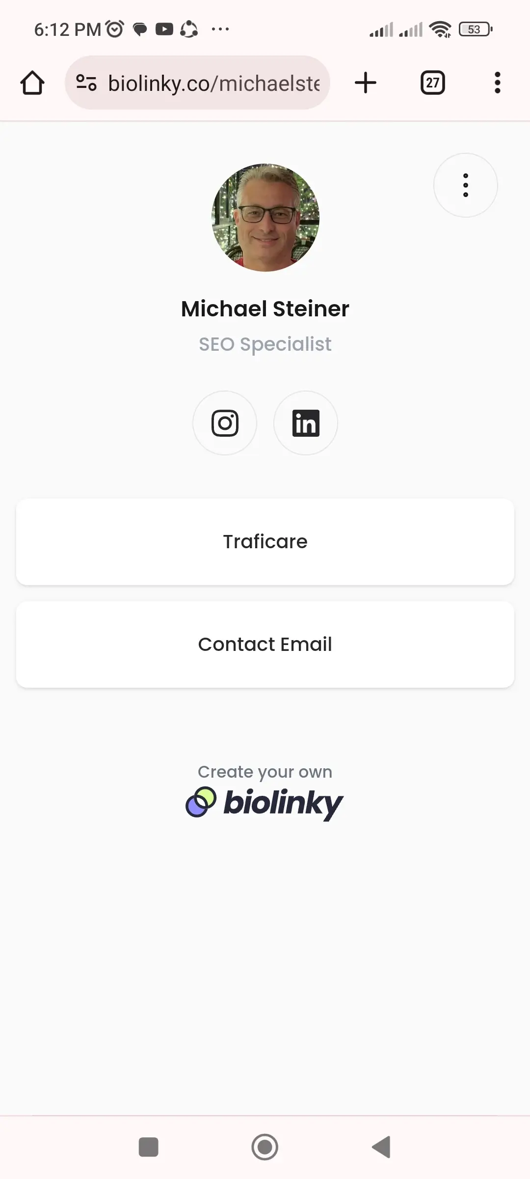 My Biolinky link in bio page on a mobile web browser